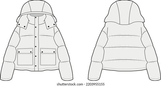 hooded puffer jacket technical drawing men puffer jacket front pockets and detachable hood zip down the front covered  covered elastication at the cuffs in gray