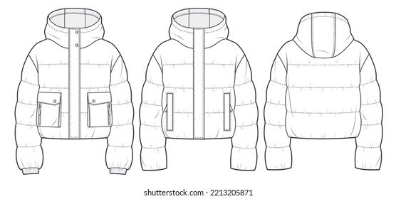 Hooded Puffer Jacket technical fashion Illustration. Cropped  Down Jacket technical drawing template, long sleeve, pocket, front and back view, white, women, men, unisex CAD mockup set. svg