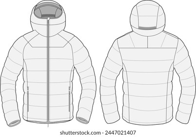 Hooded Puffer Jacket technical fashion Illustration. Full zip down Jacket drawing template, long sleeve, hand pockets, front and back view, women, men, unisex CAD mockup.