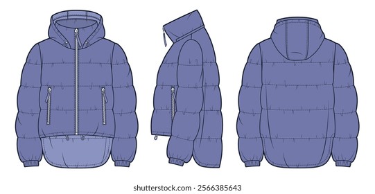 Hooded Puffer Jacket technical fashion Illustration. Down Jacket fashion flat technical drawing template, pockets, asymmetric hem, front, side and back view, violet, women, men, unisex CAD mockup set.