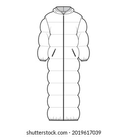 Hooded puffer quilted shell down coat jacket technical fashion illustration with long sleeves, zip-up closure, pockets, oversized. Flat template front, white color style. Women, men, unisex CAD mockup