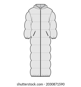 Hooded puffer quilted shell down coat jacket technical fashion illustration with long sleeves, zip-up closure, pockets, oversized. Flat template front, grey color style. Women, men, unisex top mockup