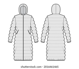Hooded quilted shell down coat jacket puffer technical fashion illustration with long sleeve, knee length, oversized. Flat template front, back, grey color style. Women, men, unisex top CAD mockup