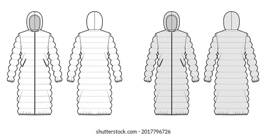 Hooded quilted shell down coat jacket puffer technical fashion illustration with long sleeve, knee length, oversized. Flat template front, back, white, grey color style. Women, men, unisex top mockup