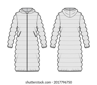 La chaqueta de la cubierta de plumas de capucha encapuchada puf ilustración de moda técnica con manga larga, longitud de rodilla, sobretamaño. Estilo de color gris, frontal y posterior de una plantilla plana. Mujeres, hombres, unisex top mockup CAD