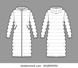 Hooded quilted shell down coat jacket puffer technical fashion illustration with long sleeve, knee length, oversized. Flat template front, back, white color style. Women, men, unisex top CAD mockup