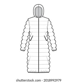 Hooded quilted shell down coat jacket puffer technical fashion illustration with long sleeve, knee length, oversized. Flat template front, white color style. Women, men, unisex top CAD mockup