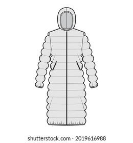 Hooded quilted shell down coat jacket puffer technical fashion illustration with long sleeve, knee length, oversized. Flat template front, grey color style. Women, men, unisex top CAD mockup