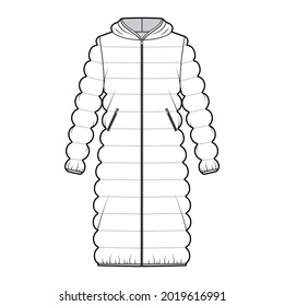 Hooded quilted shell down coat jacket puffer technical fashion illustration with long sleeve, knee length, oversized. Flat template front, white color style. Women, men, unisex top CAD mockup