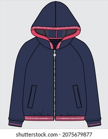 HOODED RAGLAN SLEEVES SWEAT TOP WITH BRIGHT COLOR TIPPING FOR TEEN GIRLS AND KID GIRLS IN EDITABLE VECTOR FILE