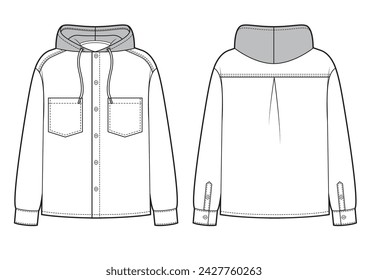 Hooded shirt fashion flat technical drawing template.