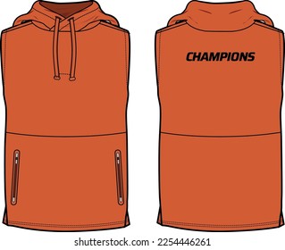 Hooded Sleeveless jacket Tank Top, Hoodie sweatshirt jersey vest design flat sketch illustration template, sleeveless sweater concept with front and back view for Men and women