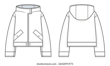 Hooded Snap-Front Jacket Technical Fashion Illustration. Cropped Jacket with Angled Flap Pockets Vector Template. Relaxed Fit. Adjustable Hem Tabs. Women’s Outerwear. CAD Mockup Set.