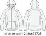 Hooded softshell jacket technical CAD fashion illustration front and back views