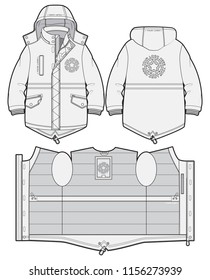 Hooded sport parka with zip closure and pockets. Front and back view