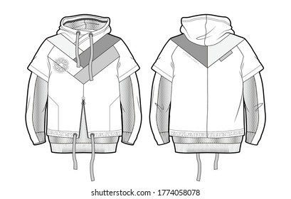 Hooded sports jacket with contrast details and elements cut of airy mesh. Front and back view