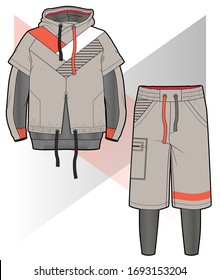 Hooded sports jacket with elements cut of airy mesh and two-in-one long shorts.