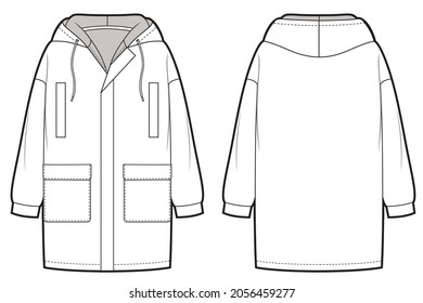 Hooded sports maxi jacket vector template.
