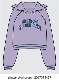 HOODED SPORTY CROP SWEAT TOP WITH RAGLAN LONG SLEEVES DETAIL AND TEXT GRAPHIC DESIGNED FOR WOMEN AND TEEN GIRLS IN VECTOR FILE