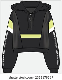 HOODED SPORTY CROP SWEAT TOP WITH CUT AND SEW LONG SLEEVES DETAIL AND TEXT GRAPHIC DESIGNED FOR WOMEN AND TEEN GIRLS IN VECTOR FILE