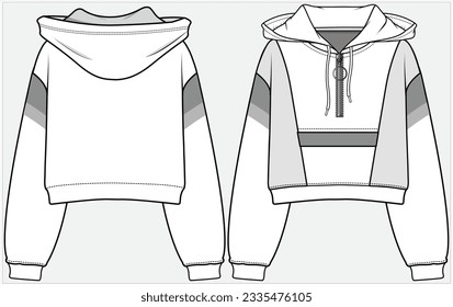 HOODED SPORTY CROP SWEAT TOP WITH CUT AND SEW LONG SLEEVES DETAIL AND TEXT GRAPHIC DESIGNED FOR WOMEN AND TEEN GIRLS IN VECTOR FILE