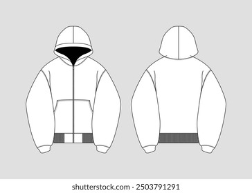 Hooded Sweat Jacket Mockup Template Zipper Sweatshirt Technical Fashion Illustration Vector Sweatshirt Mockup Template Front and Back Hooded Sweatshirt Flat Sketch Technical Drawing Vector CAD