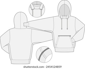 Hooded Sweater Fashion Sketch Design Vector Template with Cover Stitch detail Front and Back on transparent background editable blank