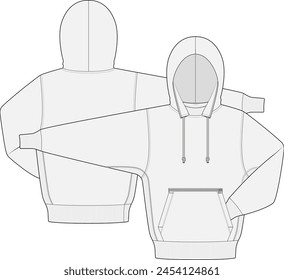 Hooded Sweater Fashion Sketch Design Vector Template Front and Back on transparent background editable blank