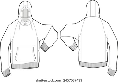 Hooded Sweater Fashion Sketch Design Vector Template Front and Back on transparent background editable blank	