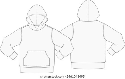 Hooded Sweater Fashion Sketch Design Vector Template Front and Back on transparent background editable blank	