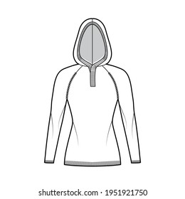 Hooded Sweater technical fashion illustration with rib henley neck, long raglan sleeves, slim fit, hip length, knit rib trim. Flat jumper apparel front, white color style. Women, men unisex CAD mockup