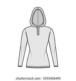Hooded Sweater technical fashion illustration with rib henley neck, long sleeves, slim fit, hip length, knit rib trim. Flat jumper apparel front, grey color style. Women, men unisex CAD mockup