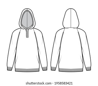 Hooded Sweater technical fashion illustration with rib henley neck, long raglan sleeves, oversized, hip length, knit rib trim. Flat apparel front, back, white color style. Women, men unisex CAD mockup