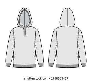 Hooded Sweater technical fashion illustration with rib henley neck, long sleeves, oversized, hip length, knit rib trim. Flat jumper apparel front, back, grey color style. Women, men unisex CAD mockup