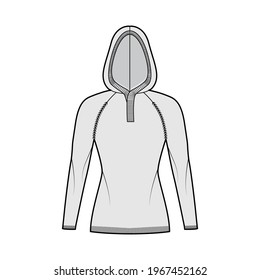Hooded Sweater technical fashion illustration with rib henley neck, long raglan sleeves, slim fit, hip length, knit rib trim. Flat jumper apparel front, grey color style. Women, men unisex CAD mockup
