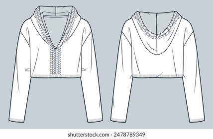 Suéter con capucha ilustración de moda técnica. Plantilla de dibujo técnico, coletas, escote en v, recortado, vista frontal y posterior, blanco, mujeres, hombres, maqueta de CAD superior unisex.