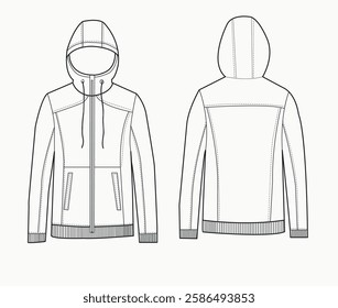 Hooded Sweatshirt fashion flat technical drawing template, pocket, front and back view. fashion technical drawing template, women, men, unisex Sportswear CAD mockup set. 