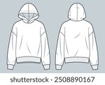 Hooded Sweatshirt technical fashion illustration. Sweatshirt fashion flat technical drawing template, oversize, front and back view, white, women, men, unisex Top CAD mockup.