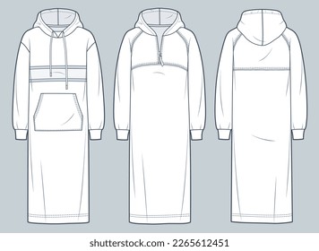 Hooded Sweatshirt technical fashion illustration. Raglan sleeve midi Dress fashion flat technical drawing template, zip-up, front and back view, white color, women, men, unisex CAD mockup set.