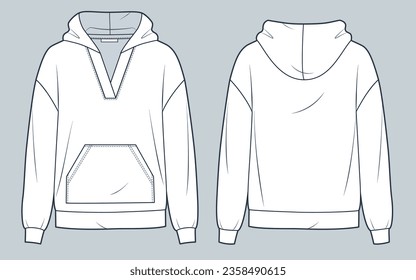 Hooded Sweatshirt technical fashion illustration. Hoodie fashion flat technical drawing template, pocket, v-neck, oversize, front and back view, white, women, men, unisex CAD mockup set.