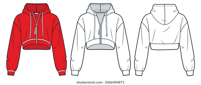 Hooded Sweatshirt technical fashion illustration. Zipped Jacket fashion flat technical drawing template, crop, relaxed fit, front back view, white, red, women, men, unisex Sportswear CAD mockup set.