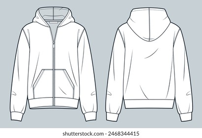 Hooded Sweatshirt technical fashion illustration. Zipped Jacket fashion flat technical drawing template, pocket, relaxed fit, front and back view, white, women, men, unisex Sportswear CAD mockup set.