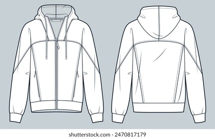 Hooded Sweatshirt technical fashion illustration. Zipped Jacket fashion flat technical drawing template, raglan sleeve, pockets, relaxed fit, front, back view, white, women, men, unisex CAD mockup.