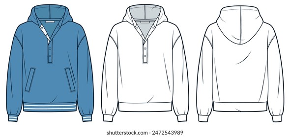 Hooded Sweatshirt technical fashion illustration. Button Up Sweatshirt fashion flat technical drawing template, pockets, relaxed fit, front, back view, white, blue, women, men, unisex CAD mockup set.