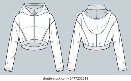 Hooded Sweatshirt technical fashion illustration. Zipped Jacket fashion flat technical drawing template, cropped, bat sleeve, oversize, front and back view, white, women, men, unisex CAD mockup.