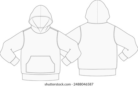 Hooded Sweatshirt Technical Fashion Illustration CAD Mock-up Hoodie Template for Design and Tech Packs