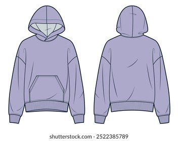 Hooded Sweatshirt technical fashion illustration. Sweatshirt fashion flat technical drawing template, oversize, front and back view, pocket, lilac color, women, men, unisex Top CAD mockup.