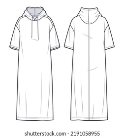 Hooded Tee Dress technical fashion illustration. Oversize Jersey midi Dress fashion flat template, front and back view, white colour, CAD mockup.