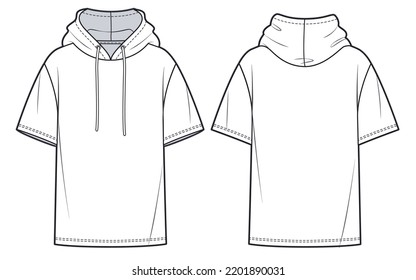 Hooded Tee Shirt fashion flat technical drawing template. Unisex T-Shirt technical fashion Illustration, overfit, hood, short sleeve, front and back view, white color, women, men, unisex CAD mockup.