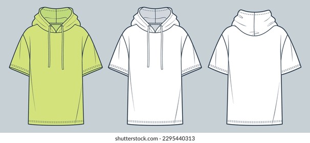 Hooded Tee Shirt fashion flat technical drawing template. Unisex T-Shirt technical fashion Illustration, overfit, hood, short sleeve, front, back view, white, lime, women, men, unisex CAD mockup set.